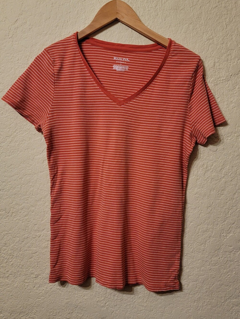 Merona Orange White Striped V-Neck Short Sleeve T-Shirt Women's Size L